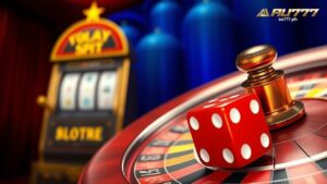 A roulette wheel, with red dice and a slot machine in the background