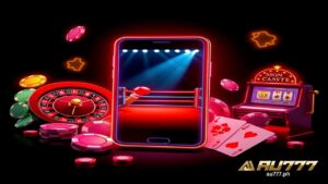 mobile phone showing a boxing ring, on the side you can also see casino chips, roulette wheel, slots and gaming cards