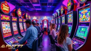 a group of individuals having a competition on slot machine