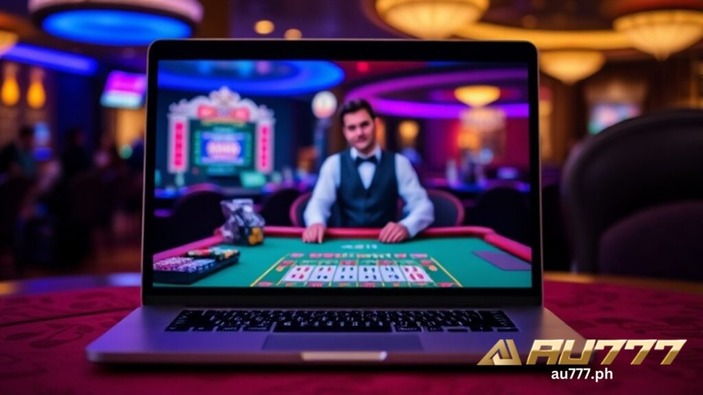 A laptop shows a live dealer at a casino table.