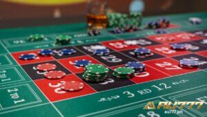 Casino chips are put on the roulette table