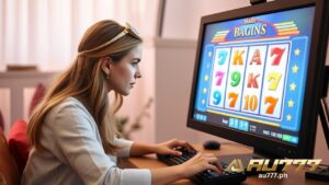 a lady playing online slot on a pc