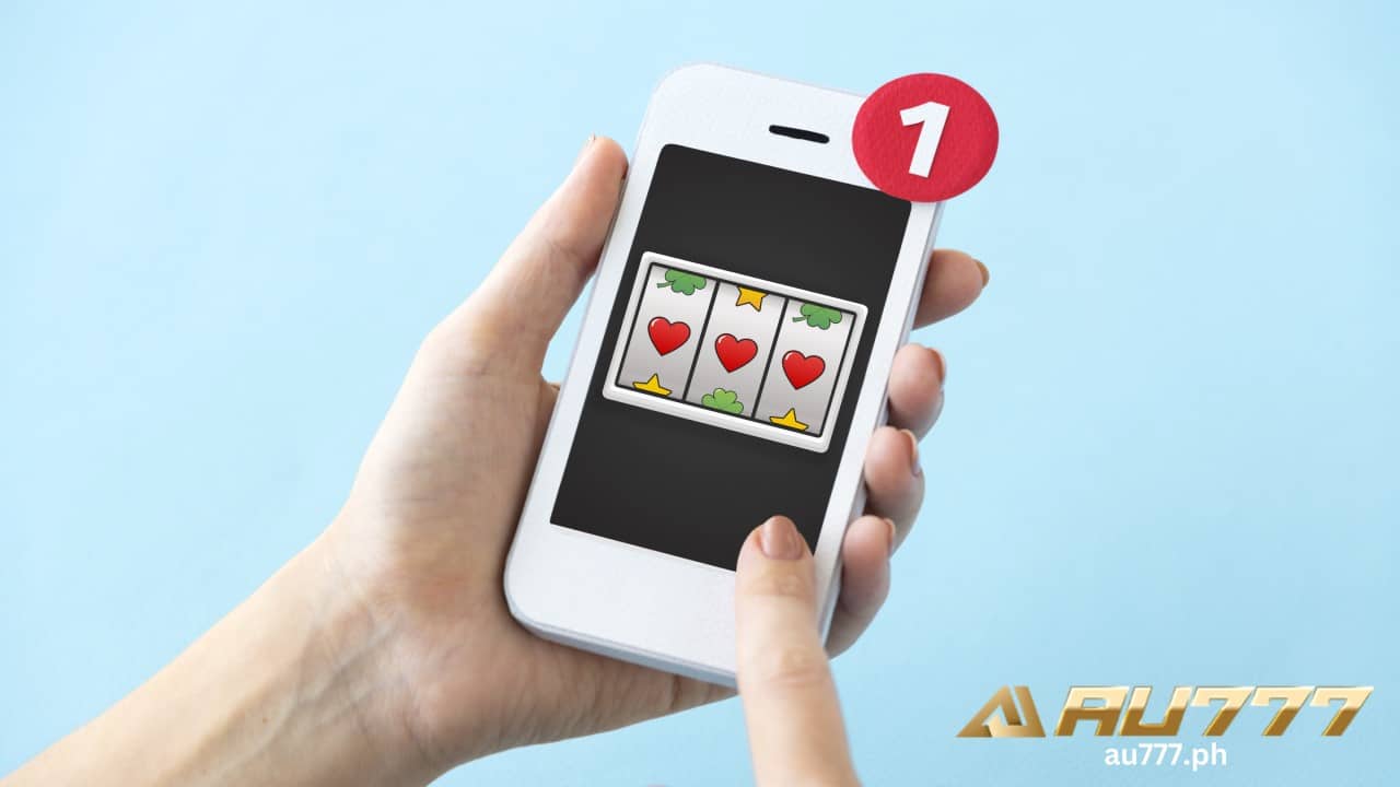 a hand holding a smartphone that is showing 3 reel online slot